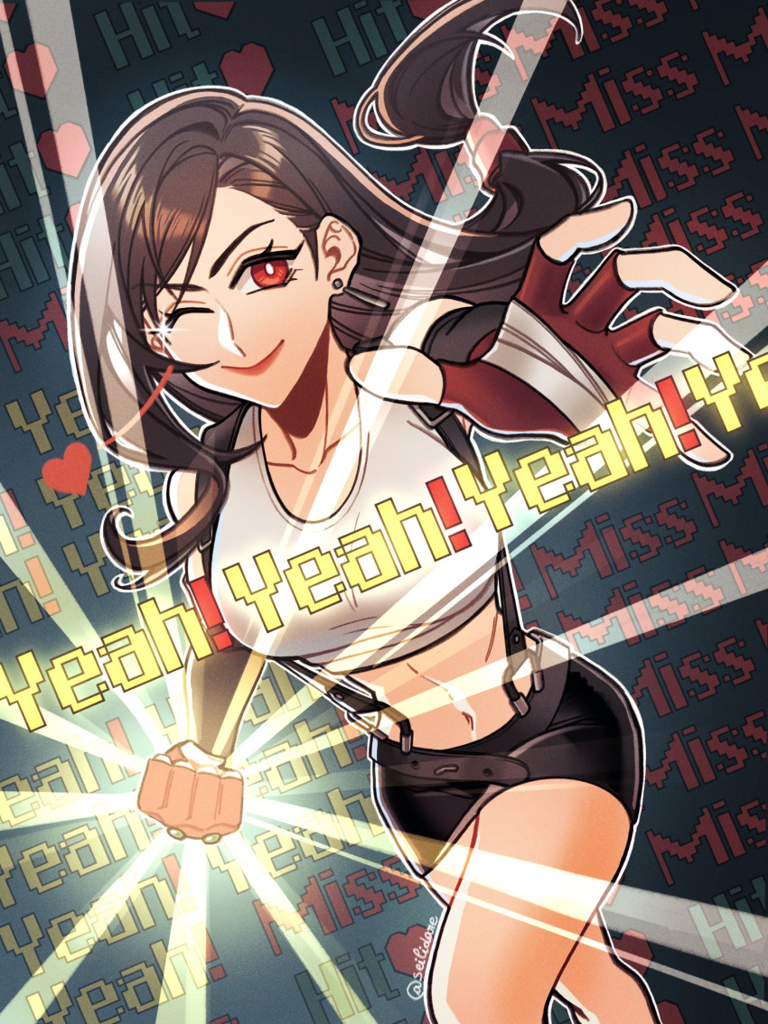 1girl bare_legs bare_shoulders black_gloves black_hair black_skirt breasts brown_hair clenched_hand collarbone cowboy_shot crop_top earrings elbow_gloves english_commentary fighting_stance final_fantasy final_fantasy_vii fingerless_gloves gloves hair_behind_ear heart highres incoming_attack incoming_punch jewelry large_breasts long_hair looking_at_viewer low-tied_long_hair midriff miniskirt navel one_eye_closed open_hand punching red_eyes red_gloves seilidare single_earring skirt smile solo sparkle suspender_skirt suspenders swept_bangs tank_top teardrop_earring tifa_lockhart twitter_username white_tank_top