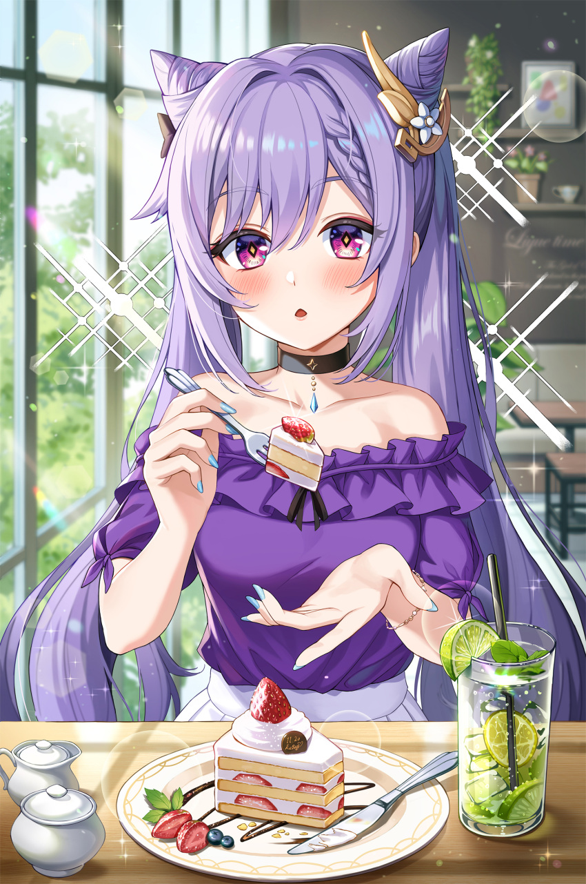 1girl absurdres bare_shoulders blush breasts cafe cake collarbone cone_hair_bun diamond-shaped_pupils diamond_(shape) dress drink feeding food fork genshin_impact glass hair_bun hair_ears hair_ornament highres indoors keqing_(genshin_impact) keqing_(lantern_rite)_(genshin_impact) knife long_hair looking_at_viewer medium_breasts no-ba official_alternate_costume open_mouth purple_dress purple_eyes purple_hair restaurant sitting solo sparkle symbol-shaped_pupils twintails