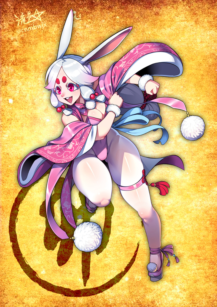 1girl animal_ears breasts buck_teeth chinese_zodiac cleavage clenched_hands commentary english_commentary full_body fur_trim gourd grey_hair high_heels highleg highleg_leotard highres large_breasts leotard multicolored_hair nontraditional_playboy_bunny open_mouth original pantyhose pink_eyes pink_hair pink_leotard platform_footwear platform_heels pom_pom_(clothes) rabbit_ears rabbit_girl ryuusei_(mark_ii) signature skindentation smile solo teeth thick_eyebrows thick_thighs thigh_strap thighs twitter_username two-tone_hair year_of_the_rabbit