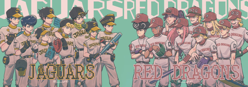 1girl 6+boys baseball_bat baseball_cap baseball_jersey baseball_mitt baseball_uniform battle_tendency black_hair blonde_hair blue_hair brown_hair diamond_wa_kudakenai diavolo dio_brando dixie_cup_hat enrico_pucci family funny_valentine giorno_giovanna green_hair hat higashikata_josuke higashikata_josuke_(jojolion) highres holding holding_baseball_bat johnny_joestar jojo_no_kimyou_na_bouken jojolion jonathan_joestar joseph_joestar joseph_joestar_(young) kars_(jojo) kira_yoshikage kujo_jolyne kujo_jotaro military_hat multiple_boys opposing_sides phantom_blood pink_hair purple_hair sportswear stardust_crusaders steel_ball_run stone_ocean vento_aureo wao