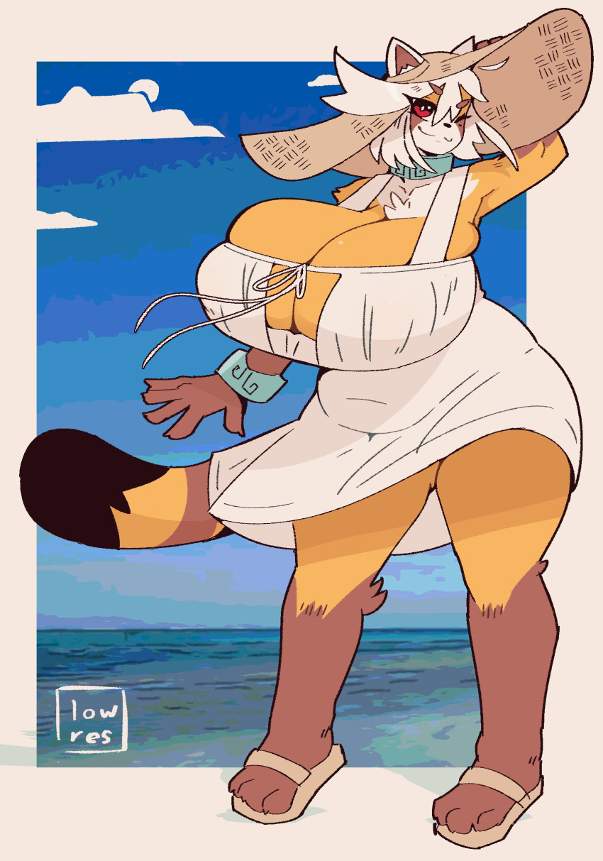 absurd_res ailurid anthro beach belly big_breasts black_body black_fur breasts brown_body brown_fur chubby_anthro chubby_female cleavage clothed clothing female fur hair hat headgear headwear hi_res huge_breasts huge_thighs hyper hyper_breasts kiki_(low_res_art) looking_at_viewer low_res_art mammal multicolored_body multicolored_fur navel one_eye_closed orange_body orange_fur red_eyes red_panda seaside signature smile solo sun_hat tail text thick_thighs water white_body white_fur white_hair wink