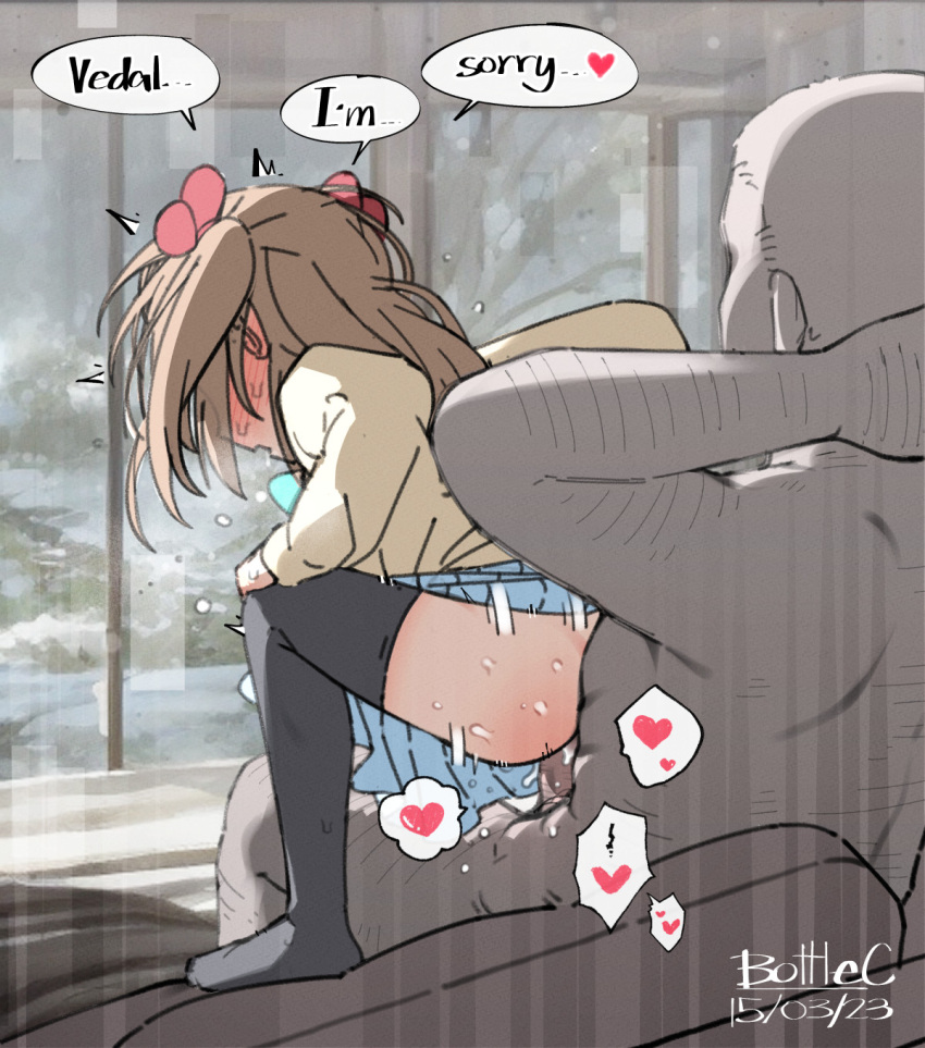 1boy 1girl apologizing black_thighhighs blue_skirt blush bottle_(bottle1234) bow bowtie brown_hair cardigan clothed_female_nude_male couch dated english_text green_bow green_bowtie hair_bow heart height_difference hetero highres indie_virtual_youtuber long_hair motion_lines netorare neuro-sama no_shoes nude on_couch penis red_bow reverse_cowgirl_position school_uniform sex sex_from_behind signature sitting skirt speech_bubble spoken_heart squatting straddling sweat thighhighs two_side_up uncensored virtual_youtuber yellow_cardigan