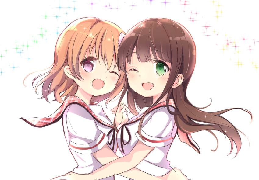 2girls ;d black_ribbon blunt_bangs blush breasts brown_hair commentary_request from_side gochuumon_wa_usagi_desu_ka? green_eyes hair_ornament hand_on_another's_waist highres holding_hands hoto_cocoa hoto_cocoa's_school_uniform interlocked_fingers long_hair looking_at_viewer medium_breasts medium_hair multiple_girls nanami_ayane_(kusunoki5050) neck_ribbon one_eye_closed open_mouth orange_hair plaid_sailor_collar purple_eyes red_sailor_collar ribbon sailor_collar school_uniform serafuku shirt short_sleeves simple_background small_breasts smile sparkle ujimatsu_chiya upper_body white_background white_shirt
