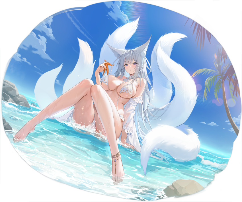 1girl animal_ear_fluff animal_ears anklet azur_lane barefoot bikini blue_eyes breasts cleavage feet fox_ears fox_girl fox_tail highres in_water jewelry kitsune knees_together_feet_apart knees_up kyuubi large_breasts legs long_hair multiple_tails off_shoulder official_alternate_costume official_art palm_tree see-through see-through_sleeves shinano_(azur_lane) shinano_(dreamy_white_sands)_(azur_lane) soaryuna starfish swimsuit tail toes tree untied_bikini water white_bikini white_hair white_tail