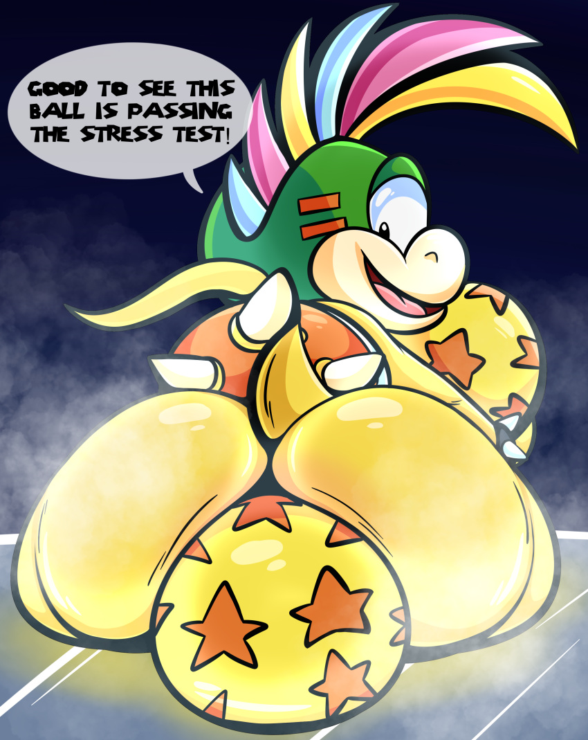 absurd_res anthro big_butt butt butt_focus dialogue hi_res ice koopa koopaling lemmy_koopa male mario_bros nintendo object_between_cheeks scalie sitting_on_ball solo spikes tepigfan101