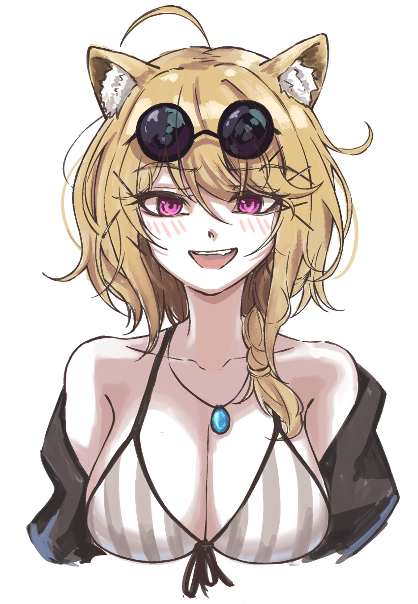 1girl :d ahoge animal_ears arknights bikini black-framed_eyewear blonde_hair blush braid breasts cleavage eyewear_on_head front-tie_bikini_top front-tie_top highres jewelry large_breasts looking_at_viewer medium_hair pendant petra_(jgc845601) purple_eyes round_eyewear smile solo striped striped_bikini sunglasses swimsuit tinted_eyewear utage_(arknights) utage_(summer_flowers)_(arknights)