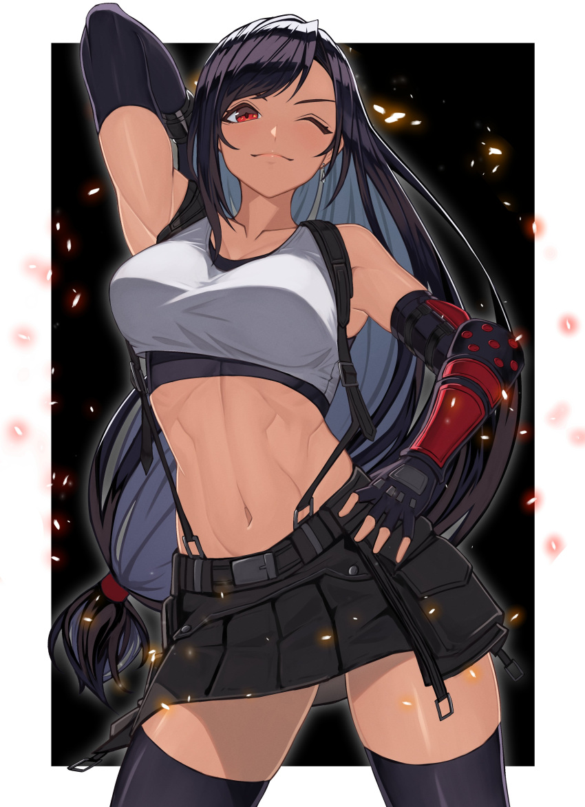 1girl absurdres bare_shoulders black_gloves black_hair black_sports_bra black_thighhighs collarbone crop_top dangle_earrings earrings elbow_gloves elbow_pads final_fantasy final_fantasy_vii final_fantasy_vii_remake fingerless_gloves gloves hand_on_own_hip highres jewelry long_hair low-tied_long_hair midriff navel one_eye_closed red_eyes shirt skirt sleeveless sleeveless_shirt solo sports_bra suspender_skirt suspenders suspenders_gap swept_bangs tank_top teardrop_earring temoc thighhighs tifa_lockhart white_shirt white_tank_top