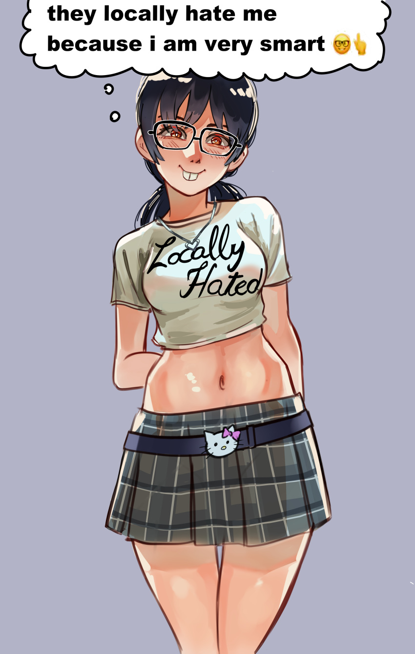 1girl absurdres arms_behind_back black_hair blush buck_teeth chainsaw_man crop_top glasses grey_background hello_kitty highres long_hair looking_at_viewer low_twintails mitaka_asa navel nerd_emoji ribosoma_42 simple_background skirt solo teeth thought_bubble twintails