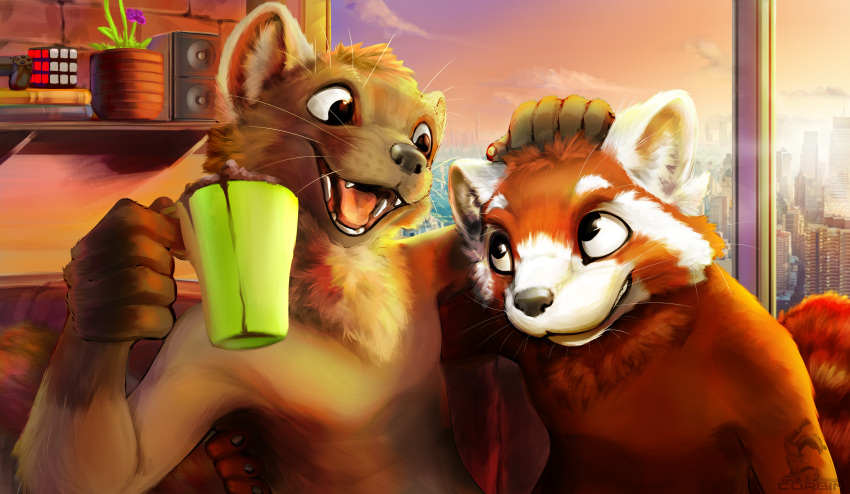 2023 5_fingers absurd_res ailurid anthro beverage brick_wall brown_body brown_fur city city_background cityscape claymore_(red_panda) container controller corbin_(corbin_roscy) corbin_(roscy) cup digital_media_(artwork) digital_painting_(artwork) domestic_ferret duo fingers fur game_controller green_cup hand_on_head happy happy_expression hi_res huge_filesize looking_at_another male mammal mustelid musteline open_mouth open_smile orange_body orange_fur plant plant_pot playstation playstation_controller potted_plant red_panda rubik's_cube signature smile sony_corporation sony_interactive_entertainment speaker true_musteline wall_(structure) watermark weasel white_body white_ears white_fur window