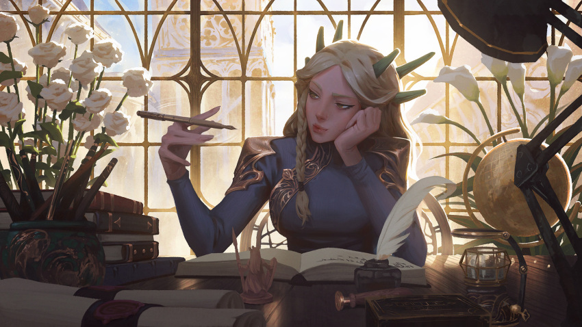 1girl book book_stack bored braid brown_eyes chair commentary dao_trong_le desk english_commentary flower globe hand_on_own_face highres holding holding_pen horns long_sleeves multiple_horns open_book original pen quill scroll sitting solo vase white_hair window