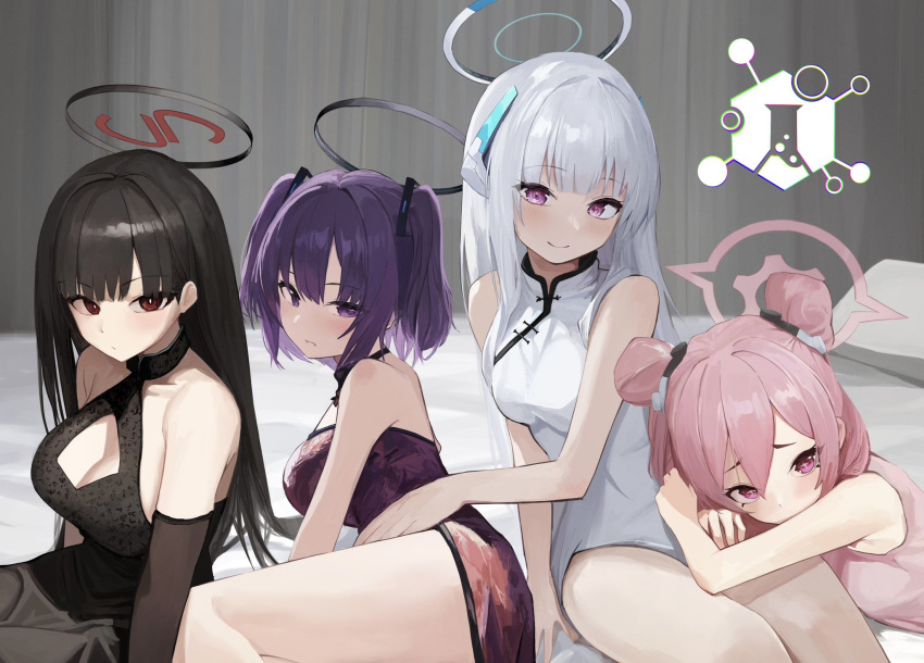 4girls black_hair blue_archive china_dress chinese_clothes commentary_request dio_nand double_bun dress grey_hair hair_bun halo headgear highres koyuki_(blue_archive) long_hair multiple_girls multiple_halos noa_(blue_archive) pink_hair purple_eyes purple_hair rio_(blue_archive) seminar_(blue_archive) two_side_up yuuka_(blue_archive)