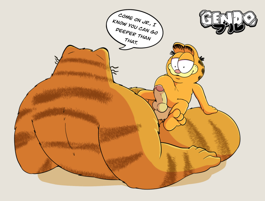 2023 abdominal_bulge anthro balls dialogue domestic_cat duo english_text erection father_(lore) father_and_child_(lore) father_and_son_(lore) felid feline felis garfield_(series) garfield_the_cat gendomx genitals hi_res incest_(lore) male male/male mammal orange_body parent_(lore) parent_and_child_(lore) parent_and_son_(lore) penis sex simple_background sitting size_difference son_(lore) text vic_(garfield)