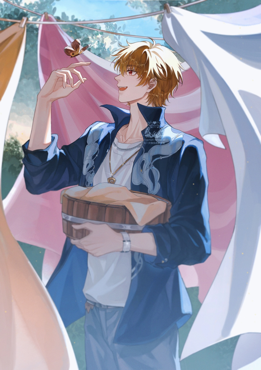 1boy blue_jacket blue_pants blue_sky brown_eyes brown_hair bug butterfly highres jacket jewelry key kuailewa luke_pearce_(tears_of_themis) male_focus necklace open_clothes open_jacket open_mouth orange_butterfly outdoors pants shirt short_hair sky solo tears_of_themis watch white_shirt wristwatch