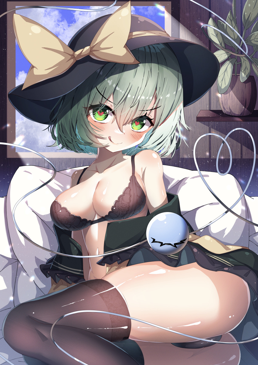 1girl absurdres ass bad_anatomy black_bra black_panties black_thighhighs blue_sky blush bow bra breasts cloud commentary_request dfra eyeball frilled_shirt_collar frilled_sleeves frills green_eyes green_hair hat hat_bow hat_ribbon heart heart-shaped_pupils heart_of_string highres indoors komeiji_koishi licking_lips light_particles looking_at_viewer medium_hair navel off_shoulder panties pillow plant potted_plant ribbon shirt sky smile solo string symbol-shaped_pupils thighhighs thighs third_eye tongue tongue_out touhou underwear window wooden_wall yellow_shirt