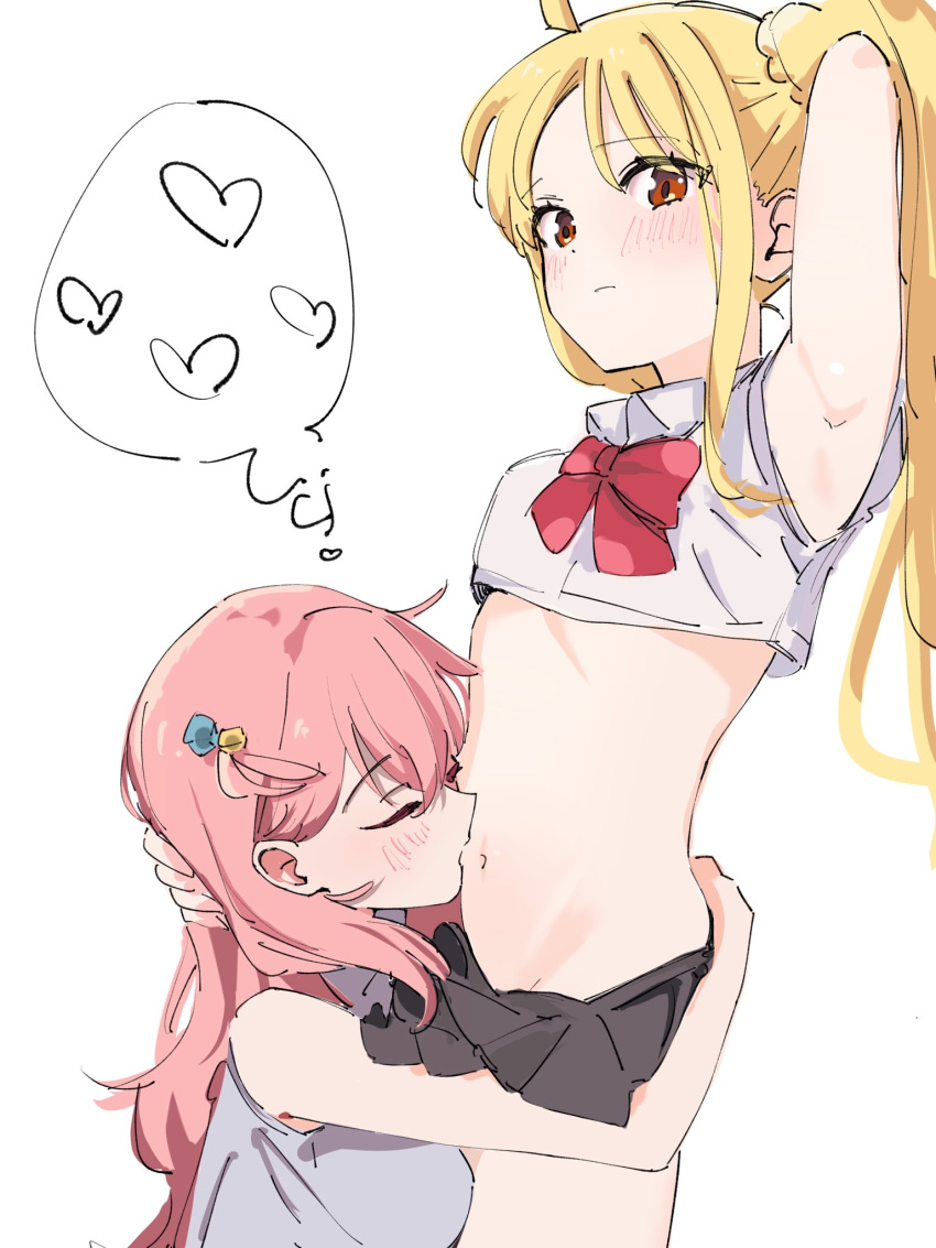 2girls ahoge arm_behind_head armpits bare_arms black_skirt blush bocchi_the_rock! bow bowtie breasts closed_mouth commentary_request crop_top gotoh_hitori highres hug ijichi_nijika kissing_stomach multiple_girls navel pink_hair pleated_skirt red_bow red_eyes shirt simple_background sketch skirt small_breasts stomach thought_bubble ukitaryu waist_hug white_background white_shirt yuri