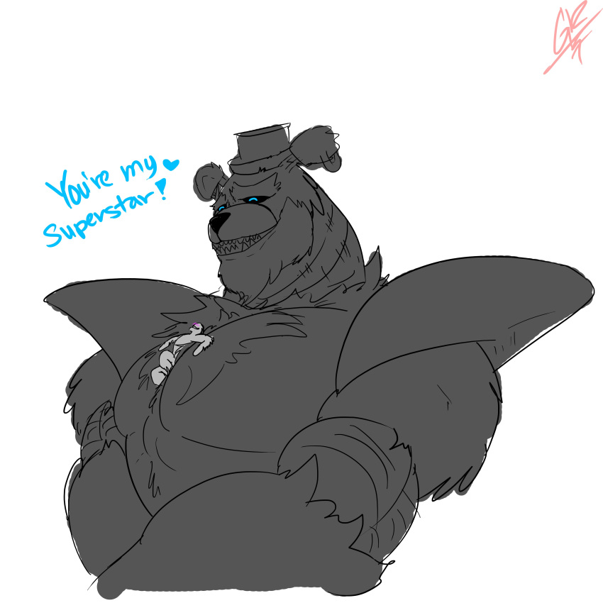 1:1 2023 absurd_res animatronic anthro bear between_pecs biceps blue_eyes blush chest_fur clothing dialogue digital_media_(artwork) duo ear_piercing ear_ring english_text extreme_size_difference five_nights_at_freddy's five_nights_at_freddy's:_security_breach fur glamrock_freddy_(fnaf) grilder123 hat headgear headwear hi_res human machine male mammal micro muscular muscular_anthro muscular_male open_mouth open_smile pecs piercing ring_piercing robot scottgames simple_background size_difference sketch smile steel_wool_studios talking_to_another talking_to_partner teeth text top_hat white_background