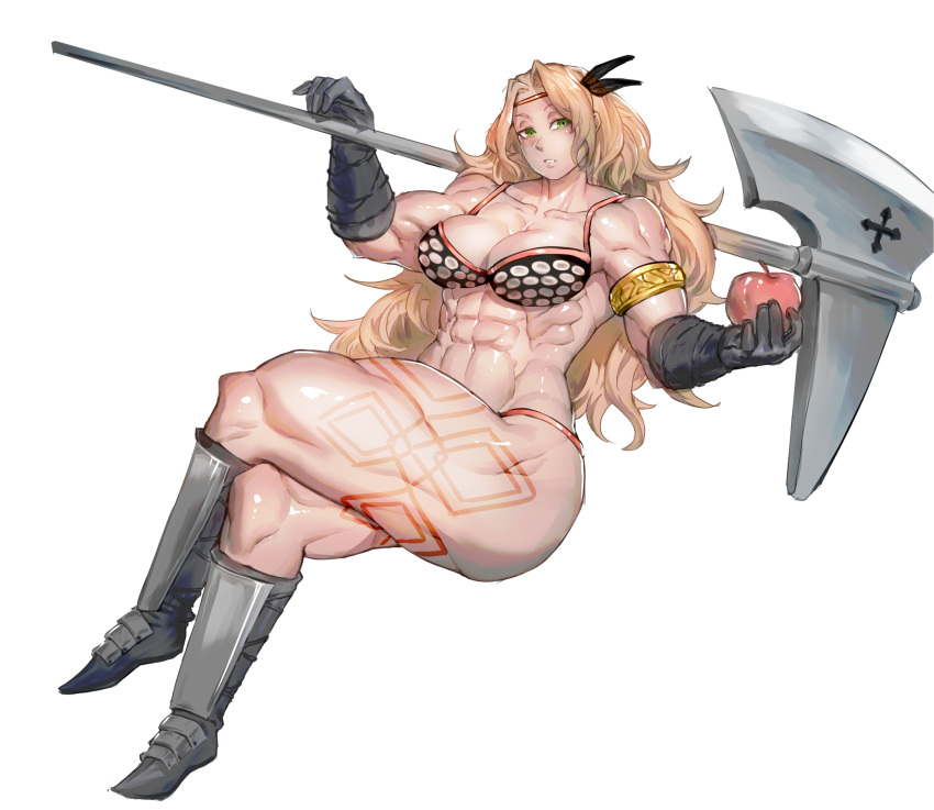 1girl absurdres amazon_(dragon's_crown) amazon_warrior apple armlet armor axe blonde_hair breasts dragon's_crown feather_hair food fruit gloves greaves green_eyes hairband highres huge_weapon large_breasts minew muscular muscular_female over_shoulder solo tattoo thick_thighs thighs weapon weapon_over_shoulder