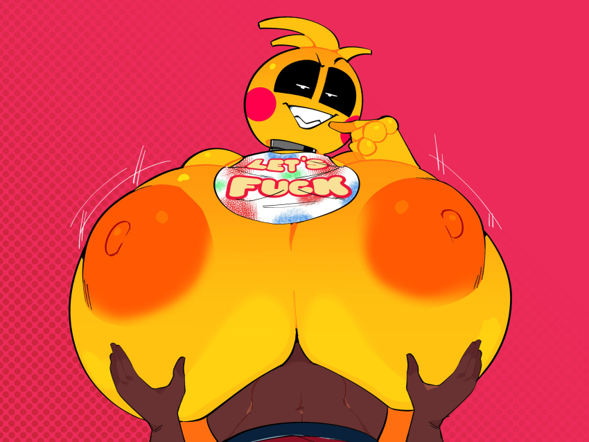 4:3 absurd_res animatronic anthro areola avian bedroom_eyes bib big_breasts bird black_sclera blush blush_stickers breast_play breasts brown_body brown_skin chicken duo english_text female first_person_view five_nights_at_freddy's five_nights_at_freddy's_2 galliform gallus_(genus) genitals hand_on_breast hi_res huge_breasts human human_on_anthro hyper hyper_breasts interspecies looking_at_viewer machine male male/female male_pov mammal narrowed_eyes nipples non-mammal_breasts nude orange_areola orange_nipples penis phasianid profanity robot scottgames seductive sex smile text titfuck toy_chica_(fnaf) white_eyes yeehawt0wn yellow_body
