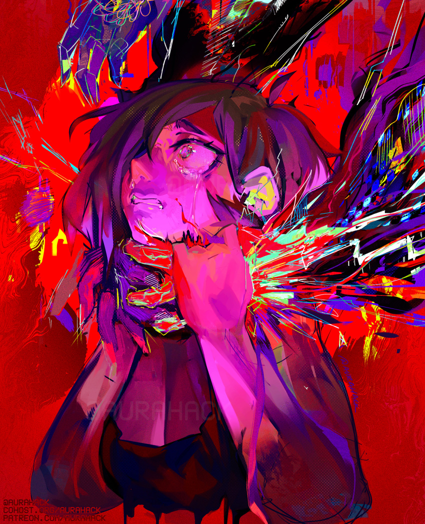1girl abstract artist_self-insert asphyxiation aurahack breasts brown_hair catherine_(aurahack) cleavage commentary crying crying_with_eyes_open disembodied_limb english_commentary hair_over_one_eye highres large_breasts original red_background short_hair solo_focus strangling struggling tearing_up tears twitter
