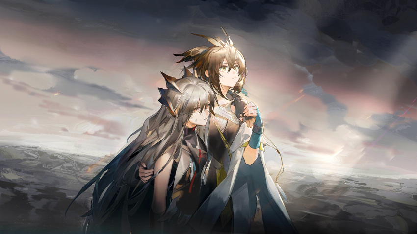 2girls arknights artist_request bare_shoulders brown_hair bruise bruise_on_face cloud exhausted fingerless_gloves gloves grey_hair highres horns hug injury leaning_on_person long_hair looking_up multiple_girls official_art outdoors saria_(arknights) silence_(arknights) silence_the_paradigmatic_(arknights) yellow_eyes zipper