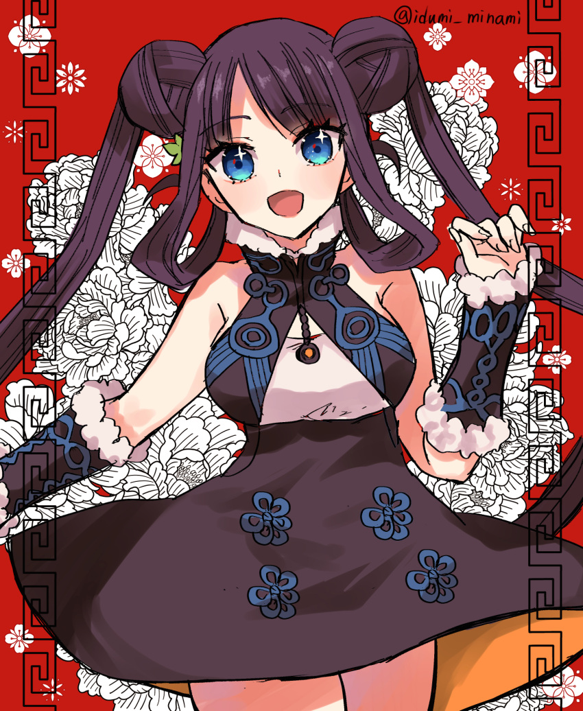 1girl bare_shoulders black_dress blue_eyes blush breasts detached_sleeves double_bun dress fate/grand_order fate_(series) hair_bun hair_ornament highres izumi_minami large_breasts leaf_hair_ornament long_hair looking_at_viewer meandros open_mouth purple_hair sidelocks smile solo thighs twintails very_long_hair yang_guifei_(fate) yang_guifei_(first_ascension)_(fate)