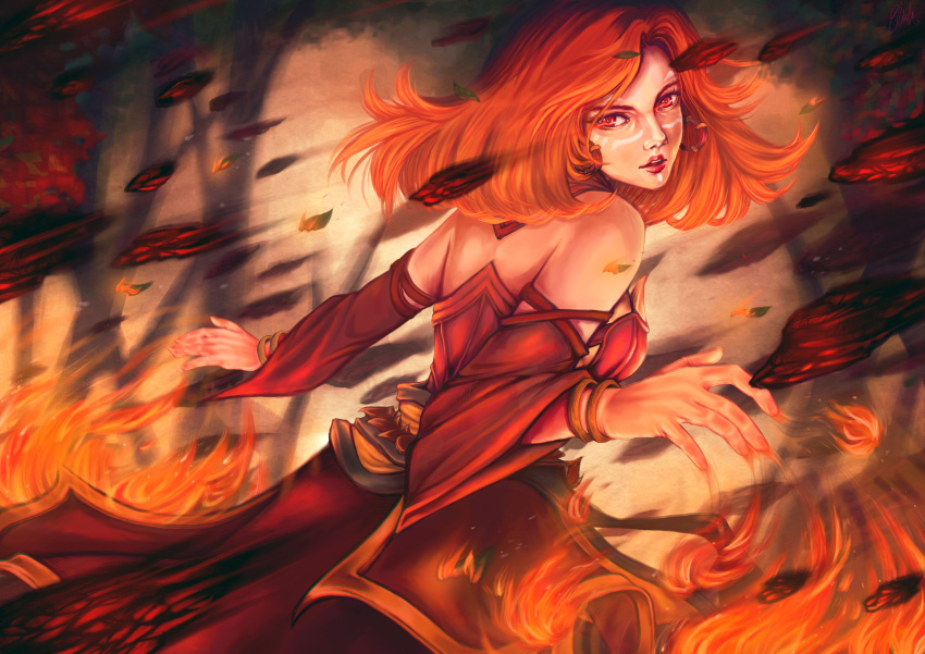 1girl absurdres bare_shoulders bracelet breasts detached_sleeves dota_(series) dota_2 earrings elaine_chong embers facepaint fire flame highres jewelry lina_inverse_(dota_2) lipstick looking_at_viewer looking_back magic makeup motion_blur open_mouth orange_hair outdoors red_eyes solo