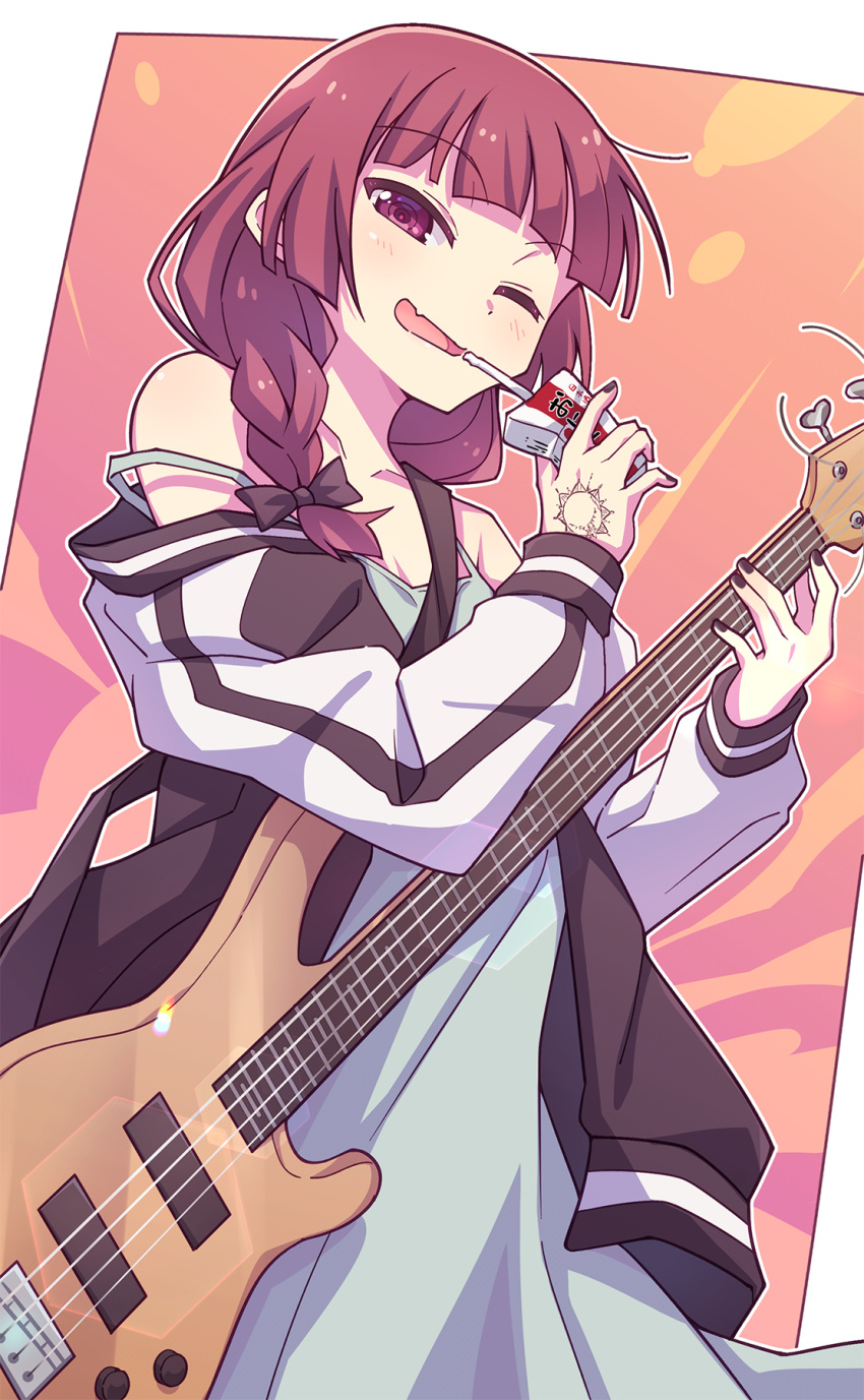 1girl bare_shoulders bass_guitar black_bow blunt_bangs bocchi_the_rock! border bow braid cowboy_shot dress e20 green_dress hair_bow hair_over_shoulder hand_tattoo highres hiroi_kikuri holding holding_carton holding_instrument instrument jacket long_hair long_sleeves looking_at_viewer one_eye_closed open_clothes open_jacket open_mouth outside_border purple_eyes purple_hair single_braid smile solo strap_slip tattoo white_border