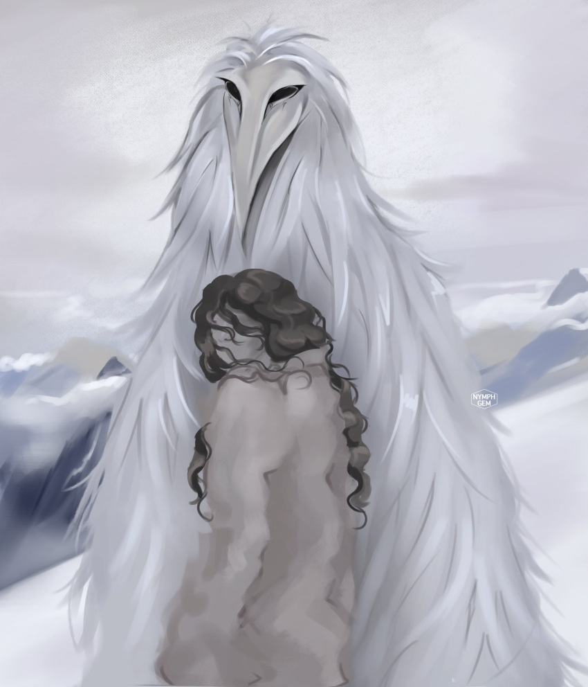 ambiguous_gender anthro avian beak brown_hair clothing cloud cryptid duo erosion_bird feathers female hair hi_res human long_hair mammal mountain nymphgem size_difference smaller_female snow white_body white_feathers wind