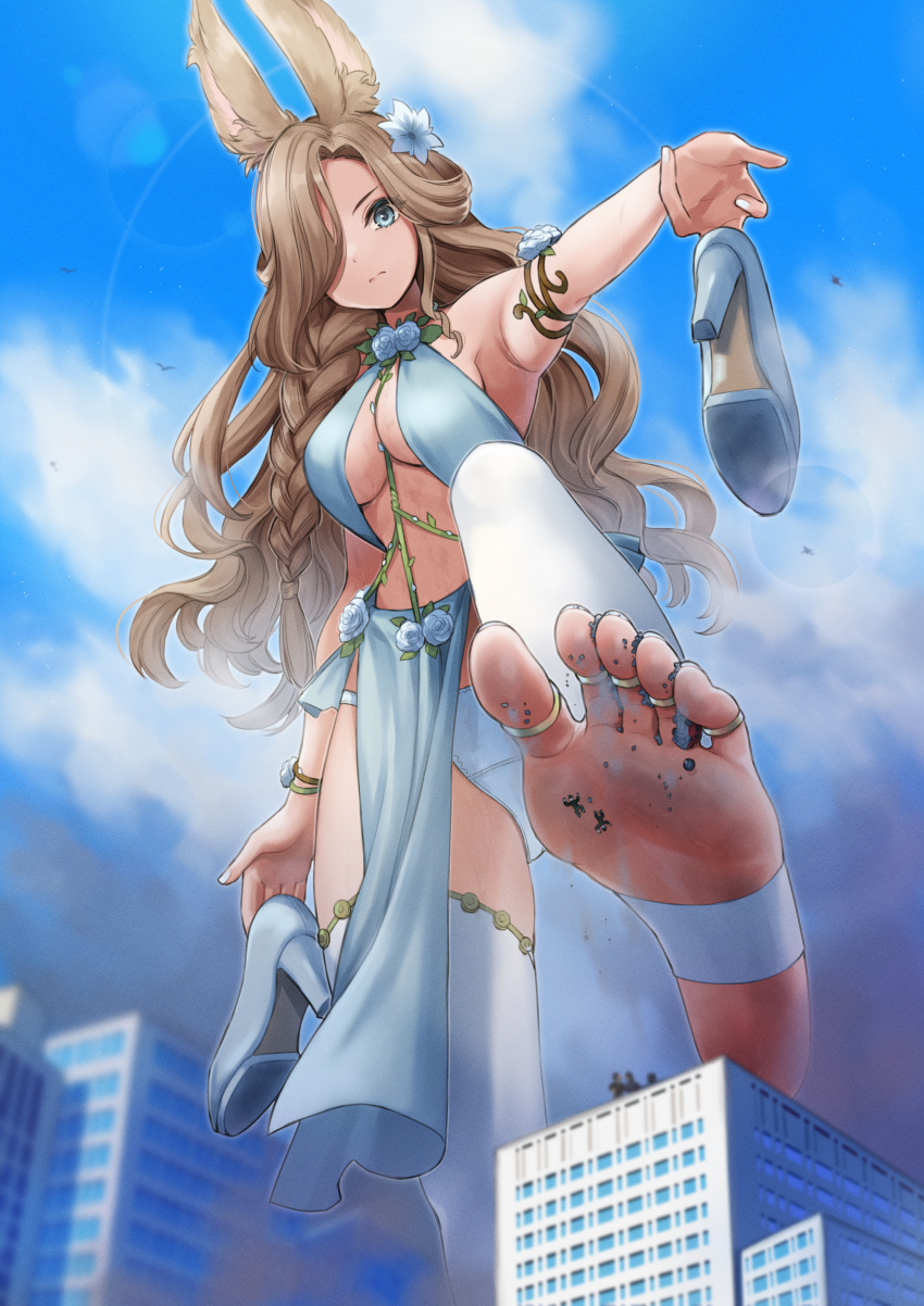 1girl absurdres animal_ears blue_dress blue_eyes braid breasts brown_hair city day dress feet flower foot_focus foot_out_of_frame from_below giant giantess hair_over_one_eye high_heels highres holding jewelry knee_up long_hair looking_at_viewer no_shoes original outdoors parted_bangs rabbit_ears rubble sahara1127 shoes shoes_removed soles standing standing_on_one_leg stirrup_legwear thighhighs toe_ring toeless_legwear toes underboob white_thighhighs