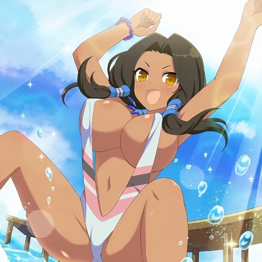 1girl black_hair blue_sky blush breasts brown_eyes cloud dark-skinned_female dark_skin day dock highres large_breasts long_hair looking_at_viewer low_twintails matsuri_(senran_kagura) native_american navel ocean official_art open_mouth outdoors pier senran_kagura senran_kagura_new_wave shiny_skin sky slingshot_swimsuit smile solo sparkle splashing swimsuit twintails water yaegashi_nan