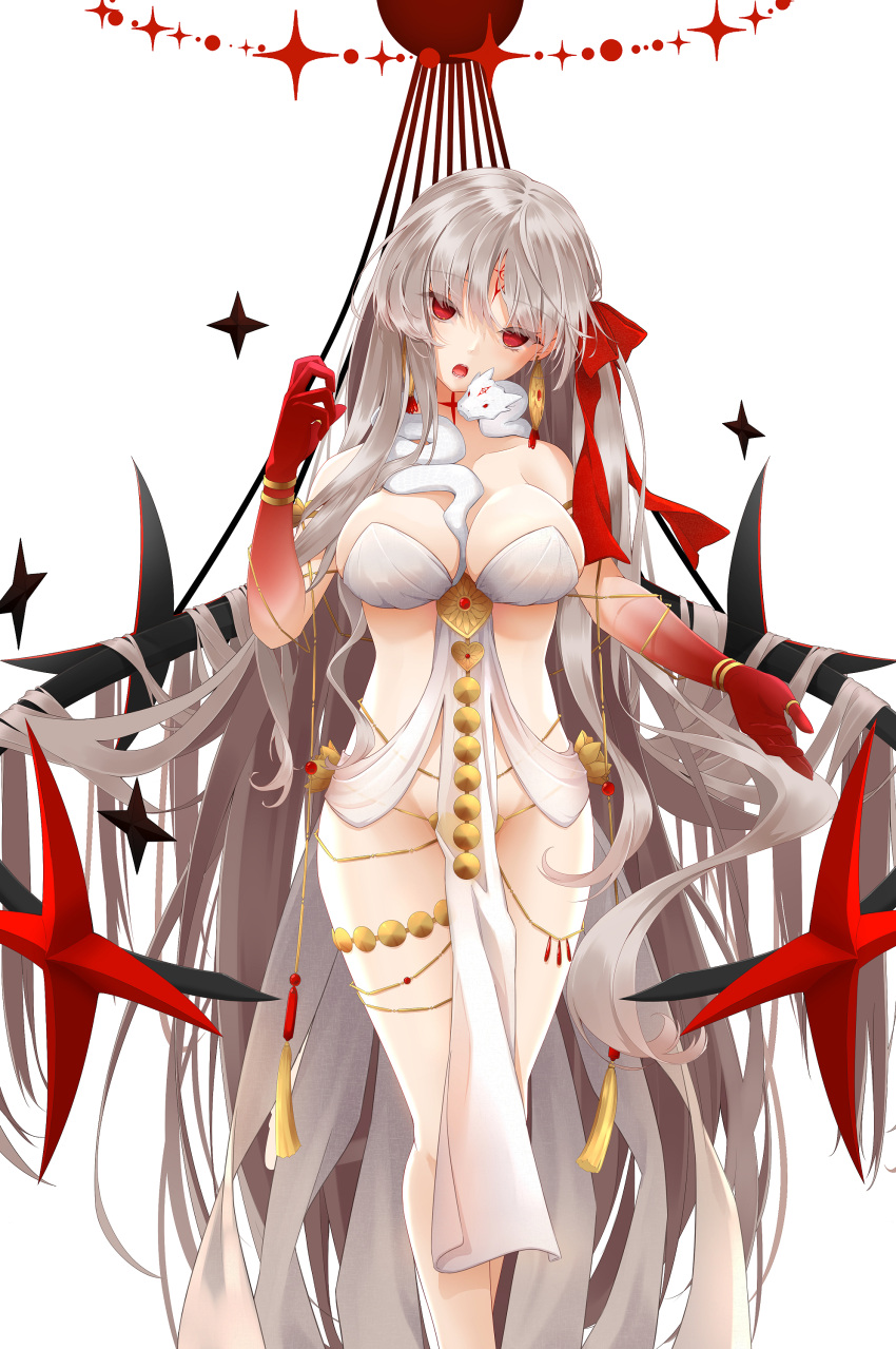 1girl absurdres armlet bare_shoulders belly_chain blush body_markings bracelet breasts cleavage collarbone colored_skin durga_(fate) earrings facial_mark fate/grand_order fate_(series) forehead_mark gradient_skin grey_hair hair_ribbon highres jewelry large_breasts long_hair looking_at_viewer open_mouth oriuo_q pelvic_curtain red_eyes red_skin revealing_clothes ribbon sash simple_background snake solo thighs thumb_ring very_long_hair white_background