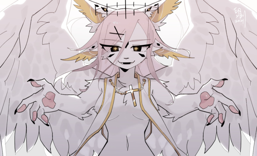 4_ears 4_fingers anthro black_eyes bottomless breasts chest_tuft clothed clothing cross cross_pupils feathered_wings feathers female fingers hair halo kaltespur kemono multi_ear navel open_clothing open_mouth open_smile pawpads paws pink_hair simple_background smile solo spread_arms teeth topwear topwear_only tuft unknown_species vest vest_only white_background white_body white_feathers wings