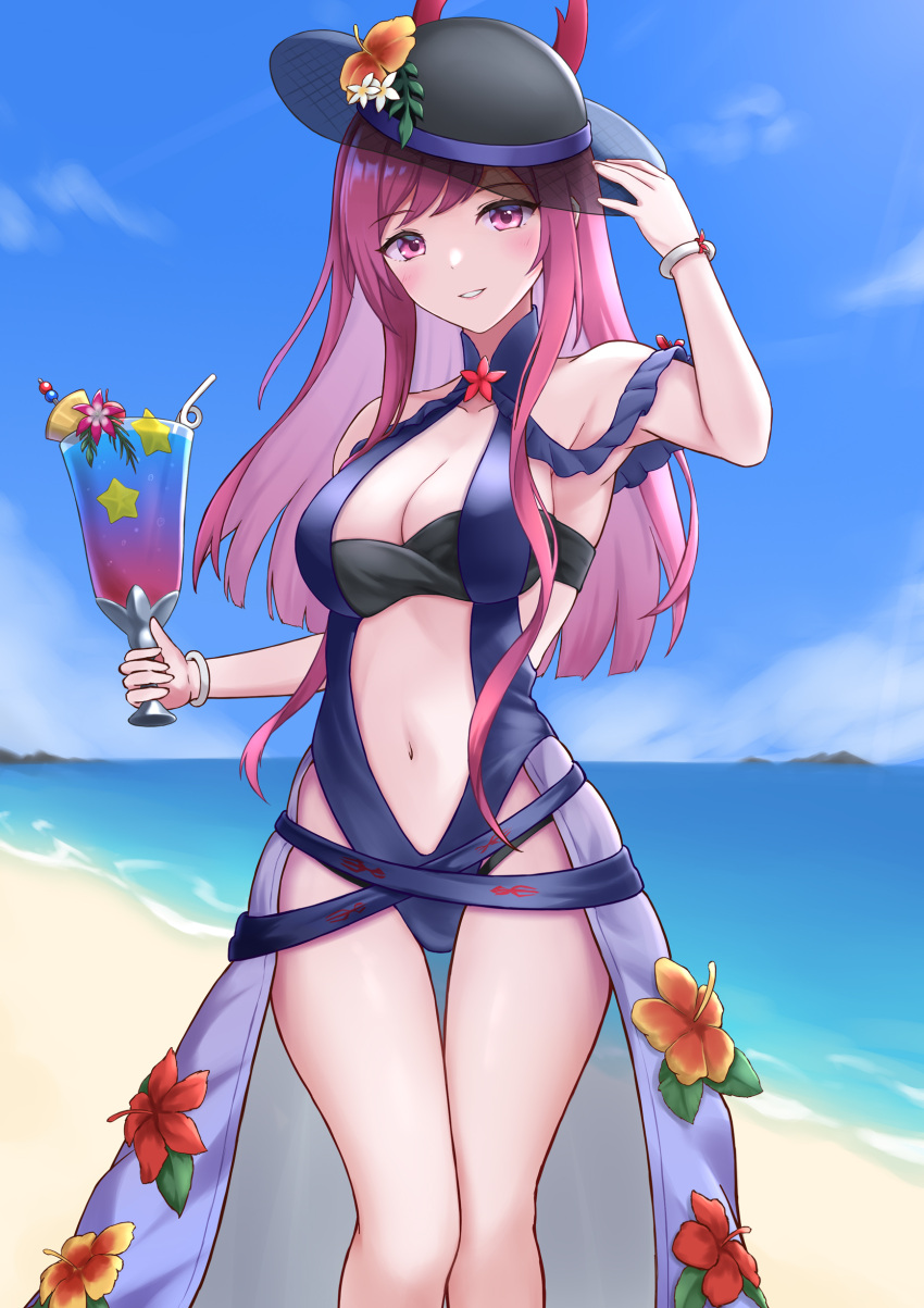 1girl absurdres armpits bare_shoulders black_headwear blue_one-piece_swimsuit blue_sky breasts cleavage cloud commentary_request cup day feet_out_of_frame fire_emblem fire_emblem_engage fire_emblem_heroes flower grin hand_up hat hat_flower highres holding holding_cup ivy_(fire_emblem) large_breasts long_hair looking_at_viewer navel ocean official_alternate_costume one-piece_swimsuit parted_lips purple_eyes purple_hair sky smile solo standing stomach swimsuit takaneko thighs water