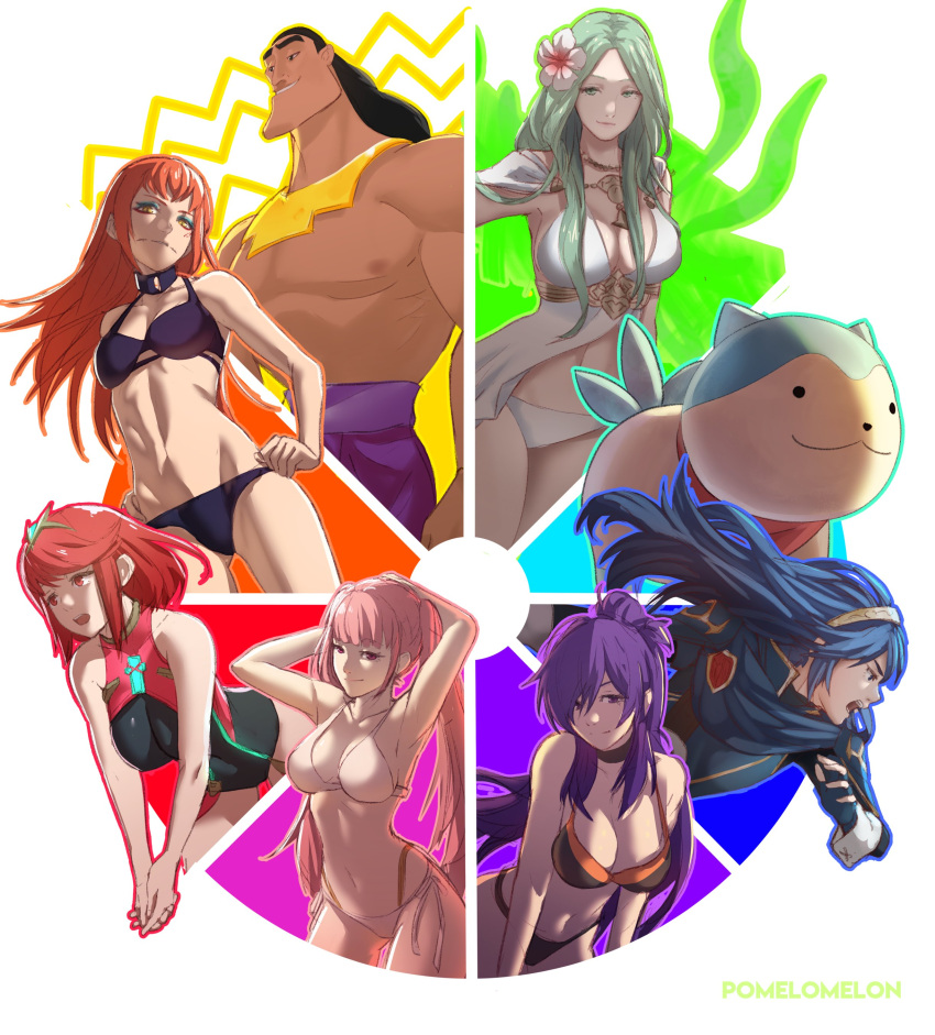 1boy 6+girls absurdres animal armpits arms_up bare_shoulders bikini blue_dress blue_hair breasts cleavage color_wheel_challenge commentary dress english_commentary fire_emblem fire_emblem:_three_houses fire_emblem_engage fire_emblem_warriors:_three_hopes flower green_eyes green_hair hair_flower hair_ornament highres hilda_valentine_goneril kronk large_breasts long_hair lucina_(fire_emblem) multiple_girls navel panette_(fire_emblem) pink_hair pomelomelon purple_eyes purple_hair pyra_(xenoblade) rhea_(fire_emblem) rhea_(summer)_(fire_emblem) shez_(female)_(fire_emblem) shez_(fire_emblem) simple_background sommie_(fire_emblem) stomach swimsuit the_emperor's_new_groove tiara topless_male twintails white_background white_bikini white_flower xenoblade_chronicles_(series) xenoblade_chronicles_2