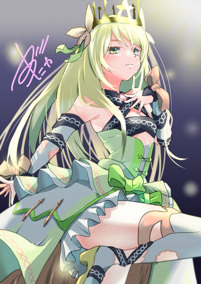 1girl absurdres blonde_hair bow breasts butterfly_hair_ornament celine_(fire_emblem) cleavage closed_mouth crown detached_sleeves dress fire_emblem fire_emblem_engage green_dress green_eyes green_ribbon hair_ornament hair_ribbon highres leg_up long_hair looking_at_viewer ootori_(koh)_hanzou orange_bow ribbon small_breasts solo thighhighs very_long_hair white_thighhighs wrist_bow