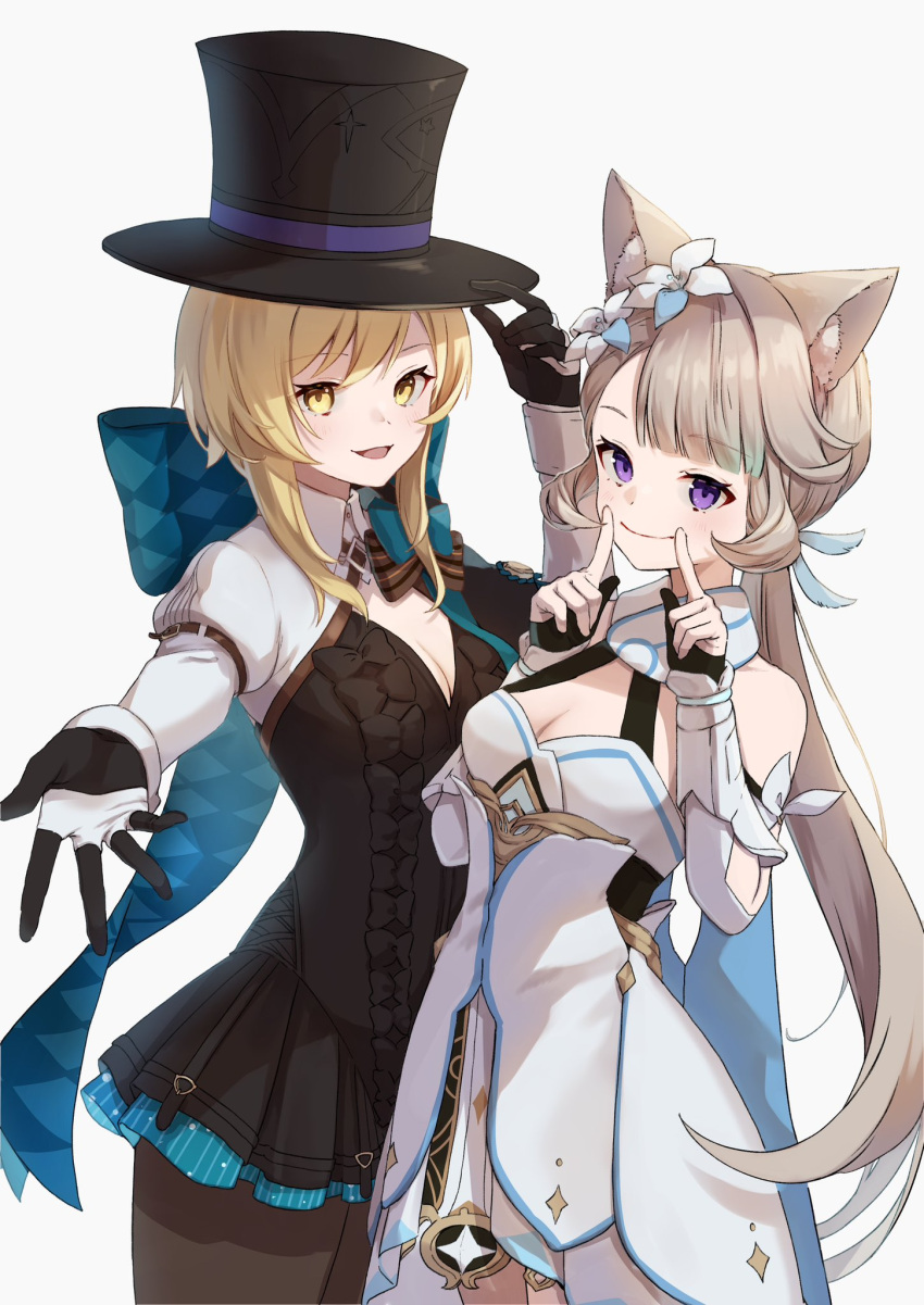 2girls animal_ears black_gloves blonde_hair bow breasts cat_ears cat_girl closed_mouth cosplay costume_switch dress fingerless_gloves flower genshin_impact gloves hair_between_eyes hair_flower hair_ornament highres long_hair lumine_(genshin_impact) lumine_(genshin_impact)_(cosplay) lynette_(genshin_impact) lynette_(genshin_impact)_(cosplay) medium_breasts multiple_girls open_mouth pantyhose purple_eyes smile tail white_dress yellow_eyes yu_ri_0320