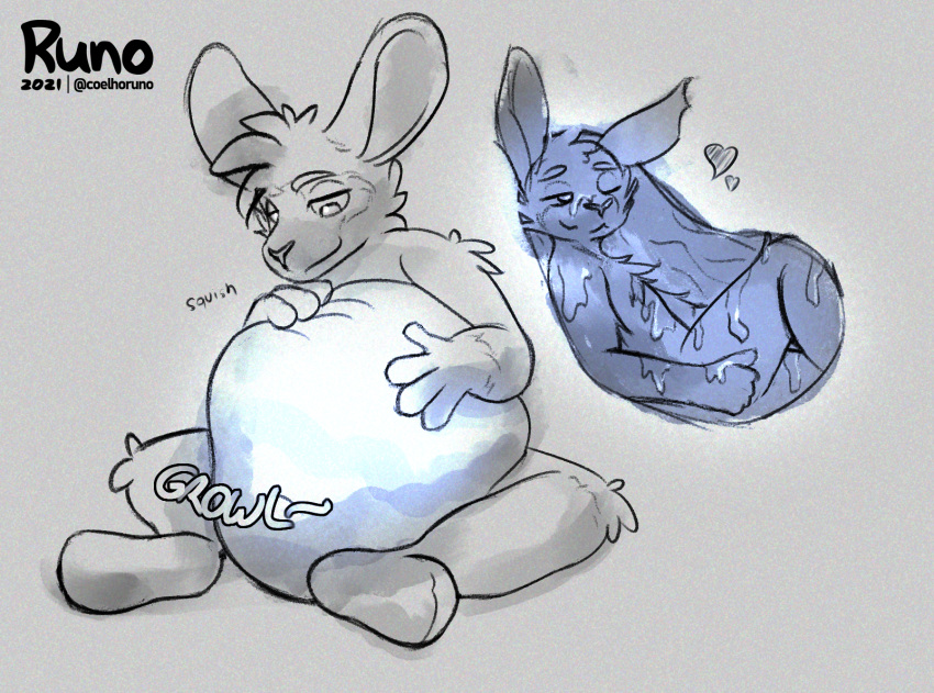 &lt;3 anthro bedroom_eyes belly big_belly bite_mark bodily_fluids cheek_tuft chest_tuft chubby_belly chubby_male coelhoruno duo facial_tuft fluffy glowing glowing_belly hi_res inside_stomach internal lagomorph leporid long_ears male male/male mammal narrowed_eyes organs pudgy_belly rabbit runo_(character) saliva saliva_on_face seductive shaded simple_shading sitting slightly_chubby stomach tommy_(superpianoman929) tuft vore
