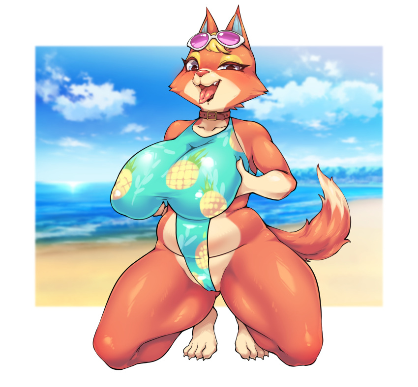 2023 4_toes absurd_res animal_crossing anthro audie_(animal_crossing) beach big_breasts blonde_hair blue_eyes boingfarm breasts canid canine cheek_tuft clothing collar curvy_figure dipstick_tail eyelashes eyeshadow eyewear eyewear_on_head facial_tuft fangs feet female fox hair hi_res holding_breast huge_breasts kneeling looking_at_viewer makeup mammal markings nintendo one-piece_swimsuit open_mouth open_smile sand seaside short_hair slightly_chubby smile solo sunglasses sunglasses_on_head swimwear tail tail_markings teeth thick_thighs toes tongue tongue_out tuft voluptuous water wide_hips