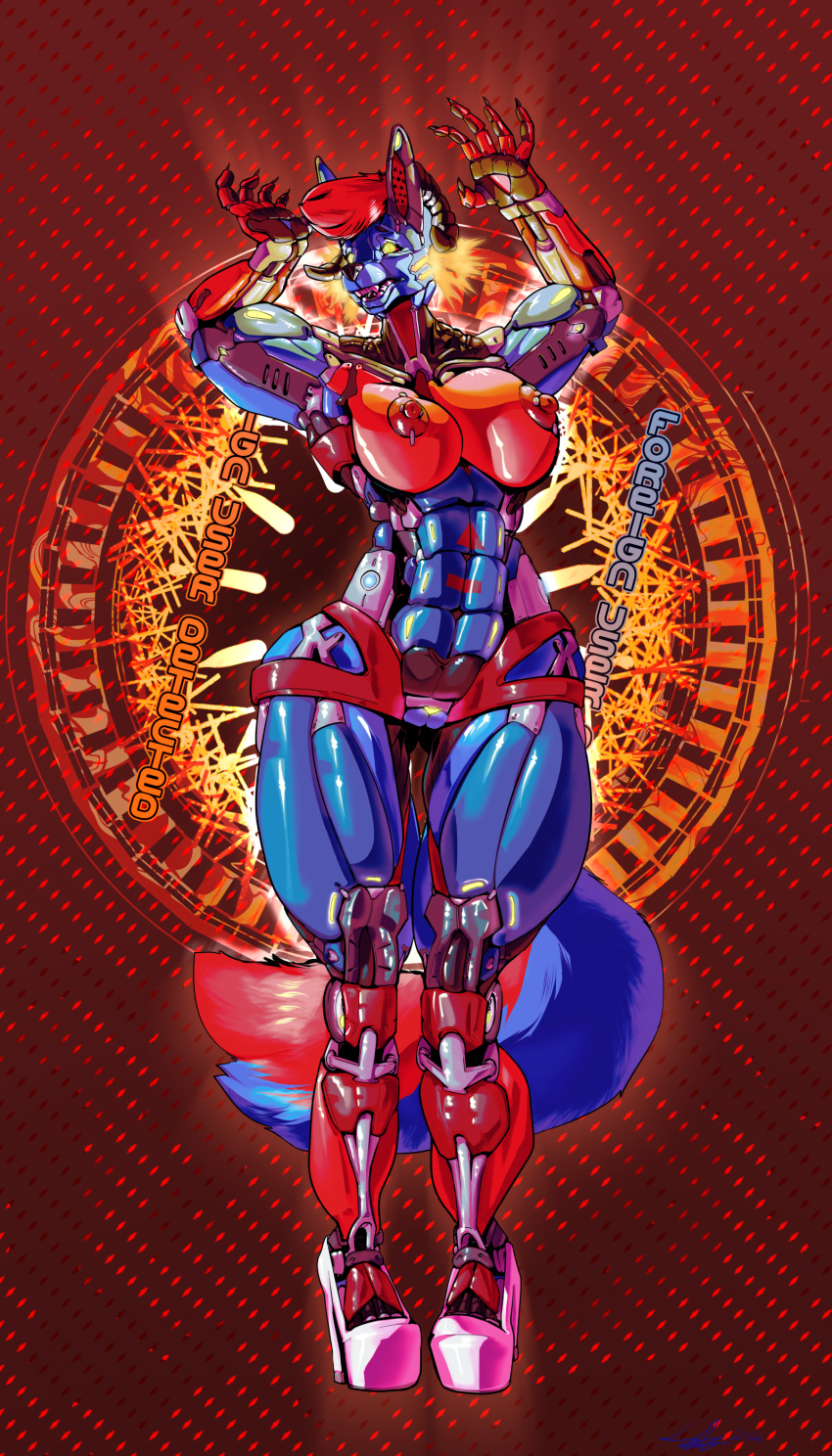 !_eyes 5_fingers abs abstract_background absurd_res ally_(alxias) android anthro athletic athletic_female breasts canid canine canis clothing cybernetics cyborg english_text female fingers footwear hair hi_res high_heels horn kansyr machine malfunction mammal nipples open_mouth red_hair robot robot_anthro solo surprise text wolf