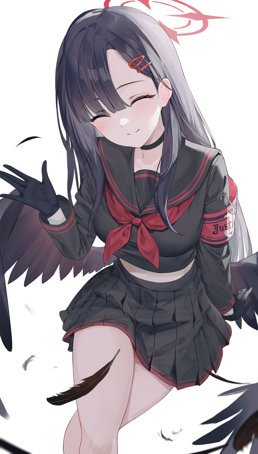 1girl armband black_choker black_gloves black_hair black_sailor_collar black_serafuku black_shirt black_skirt black_wings blue_archive choker closed_eyes closed_mouth commentary_request crossed_legs facing_viewer feathered_wings feathers gloves hair_ornament hairclip halo hand_up highres ichika_(blue_archive) light_blush long_hair long_sleeves low_wings nakashima_(pluscolor) neckerchief pleated_skirt red_armband red_halo red_neckerchief safety_pin sailor_collar school_uniform serafuku shirt simple_background skirt smile solo white_background wings