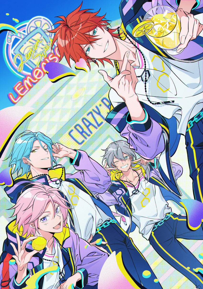 4boys :d absurdres amagi_rinne arms_up blue_eyes blue_hair blue_pants chain chain_belt collarbone commentary_request crazy_b_(ensemble_stars!) crossed_bangs cup dutch_angle earrings ensemble_stars! food fruit grey_hair grin hair_between_eyes hair_over_shoulder hand_up heart highres himeru_(ensemble_stars!) holding holding_cup holding_food holding_fruit hood hood_down hooded_jacket ice ice_cube jacket jewelry lemon lemon_slice lemonade long_hair long_sleeves looking_at_viewer male_focus mochiko_(zy) multiple_boys necklace off_shoulder one_eye_closed open_clothes open_jacket open_mouth oukawa_kohaku pants parted_bangs parted_lips pink_hair ponytail purple_eyes purple_jacket red_hair shiina_niki shirt short_hair smile squatting standing teeth v-shaped_eyebrows white_shirt yellow_eyes zipper