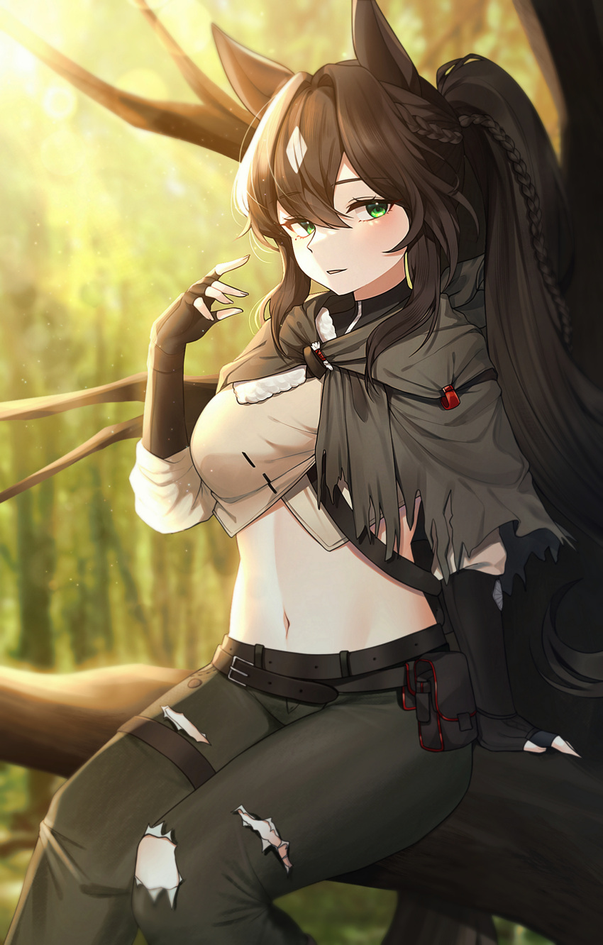 1girl animal_ears arknights bangs belt black_belt black_gloves black_hair black_pants braid breasts capelet commentary_request crop_top feet_out_of_frame fingerless_gloves gloves green_eyes grey_capelet grey_shirt hair_between_eyes hair_intakes hand_up highres horse_ears hyeroin large_breasts long_hair looking_at_viewer meteor_(arknights) midriff navel pants parted_lips ponytail pouch shirt sitting solo stomach thigh_strap very_long_hair