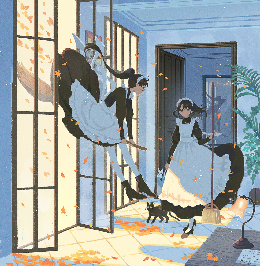 2girls ankle_boots apron black_cat black_dress black_footwear black_hair boots broom broom_riding bucket cat dress falling_petals frilled_apron frills full_body high_heel_boots high_heels highres hinatsu holding holding_broom holding_bucket indoors long_hair long_sleeves looking_at_another maid maid_apron maid_headdress medium_hair mirror multiple_girls open_window original pantyhose petals plant reflection standing sunlight white_apron white_cat white_pantyhose window