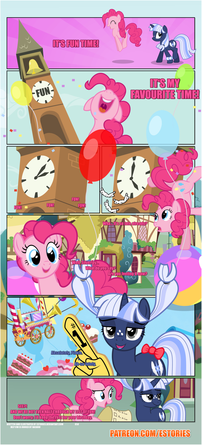 &lt;3 absurd_res accessory balancing ball balloon beach_ball black_border border bow_ribbon cake clock clock_tower confetti cutie_mark dessert dialogue duo ears_up earth_pony equid equine estories female feral foam_finger food freckles freckles_on_face friendship_is_magic furgonomics hasbro hi_res horn horse inflatable list mammal my_little_pony outside pinkie_pie_(mlp) pony ponyville ribbons silverlay_(estories) smile tail tail_accessory tail_bow tail_ribbon unicorn