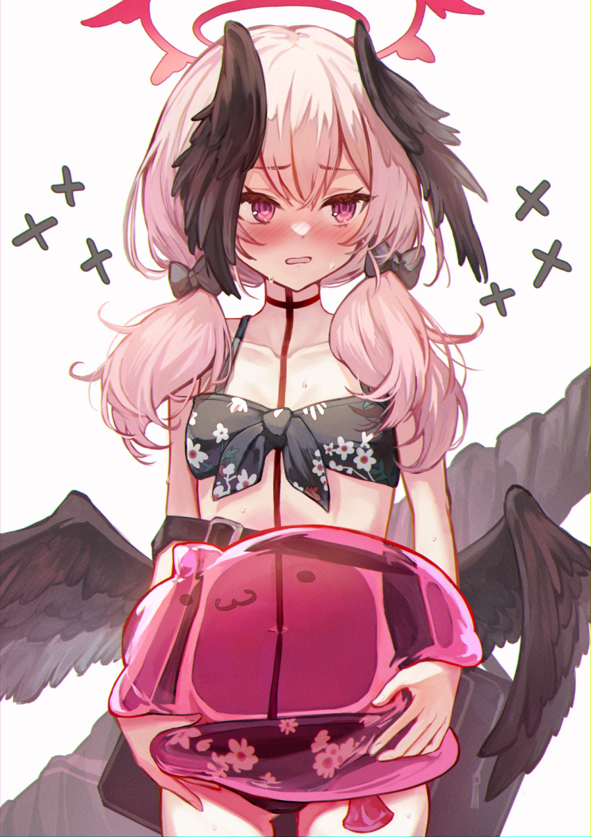 1girl averting_eyes bikini black_bikini black_wings blue_archive blush collarbone cowboy_shot feathered_wings floral_print hair_over_shoulder halo head_wings highres koharu_(blue_archive) koharu_(swimsuit)_(blue_archive) long_hair low_wings official_alternate_costume pink_eyes pink_hair print_bikini qc6 simple_background solo sweat swimsuit white_background wings