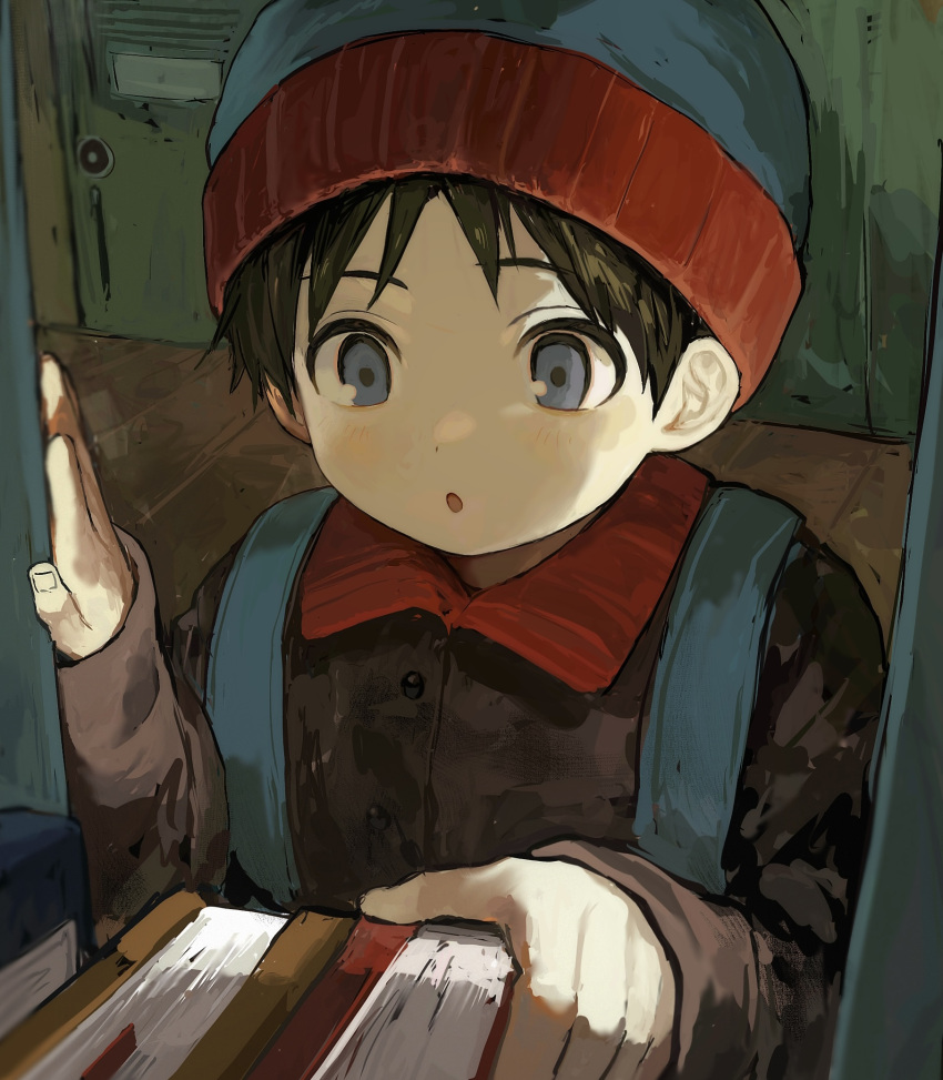 1boy animification beanie black_hair blue_eyes brown_jacket fingernails hat highres jacket locker long_sleeves male_child male_focus ooomigo11 solo south_park stan_marsh