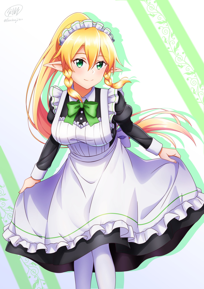 1girl alternate_costume apron black_dress blush bow bowtie braid closed_mouth collared_shirt dress enmaided feet_out_of_frame frilled_apron frills green_bow green_bowtie hair_between_eyes highres juliet_sleeves ken-ji leafa leaning_forward long_sleeves maid maid_apron maid_headdress ponytail puffy_sleeves shirt smile solo sword_art_online twin_braids watermark white_background