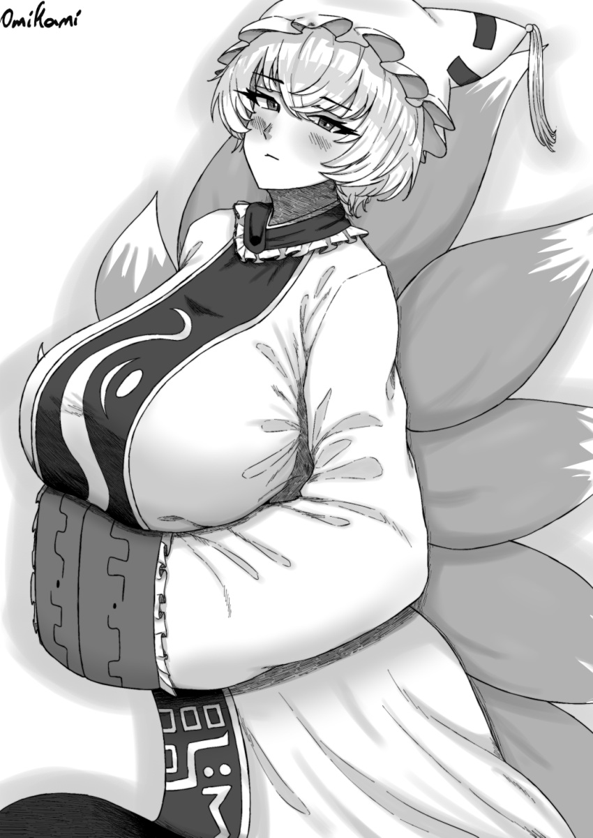 1girl animal_ears arms_under_breasts blush breasts closed_mouth commentary cowboy_shot dress english_commentary expressionless fox_ears fox_tail frills hair_between_eyes hands_in_opposite_sleeves hat highres huge_breasts kemonoyokai kitsune kyuubi looking_at_viewer mob_cap monochrome multiple_tails short_hair simple_background tabard tail tassel touhou white_background yakumo_ran