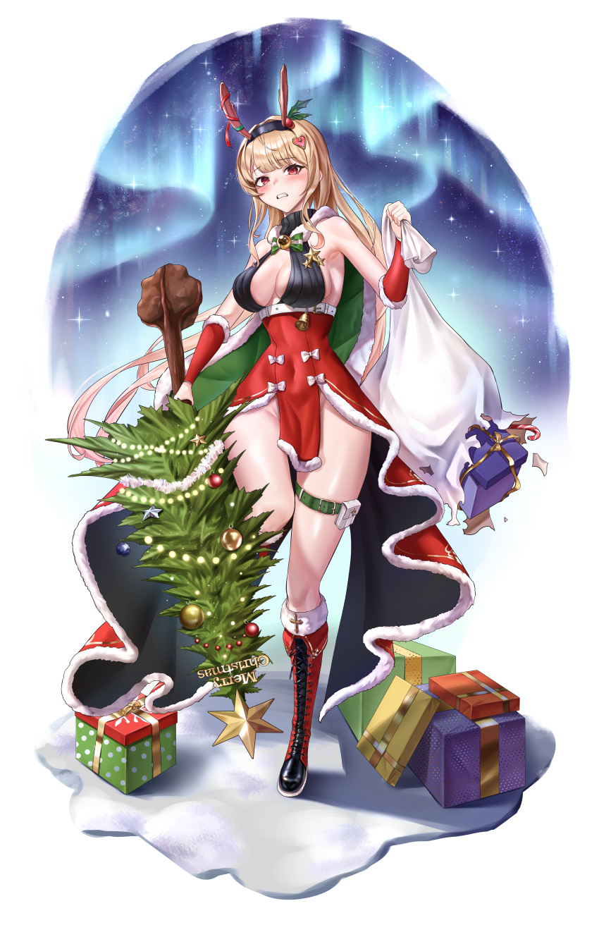 1girl absurdres angelica_(brown_dust) antlers aurora blonde_hair boots breasts brown_dust_2 christmas christmas_ornaments christmas_present christmas_tree cleavage_cutout clothing_cutout fake_antlers gift hair_ornament heart heart_hair_ornament high-waist_skirt highres holding holding_sack large_breasts long_hair looking_at_viewer night night_sky pelvic_curtain red_eyes red_footwear red_skirt reindeer_antlers sack sibo skirt sky snow solo star_(sky)