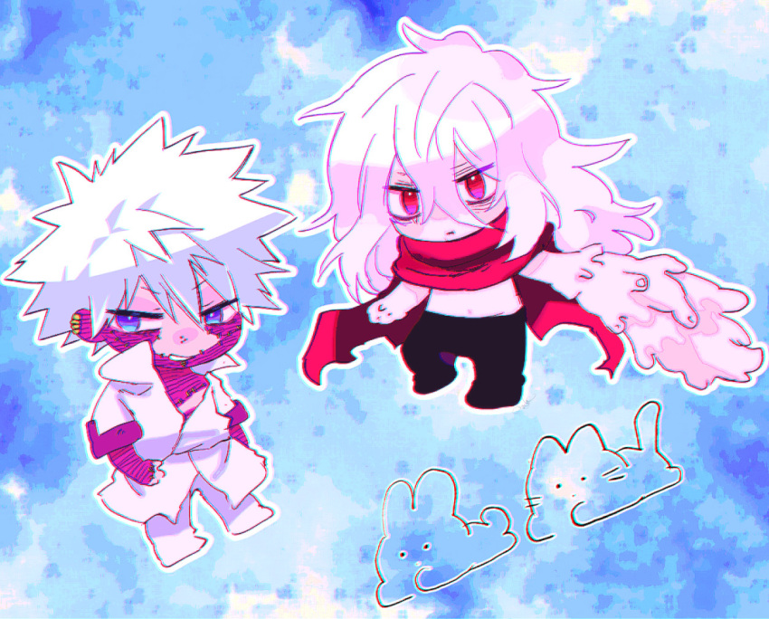 2boys anoko_(darenokoanoko) black_pants blue_eyes boku_no_hero_academia burn_scar cape cheek_piercing chibi dabi_(boku_no_hero_academia) male_focus medium_hair multiple_boys multiple_scars pants red_cape red_eyes scar scar_on_face shigaraki_tomura shirt spiked_hair staple stapled white_hair white_pants white_shirt wrinkled_skin